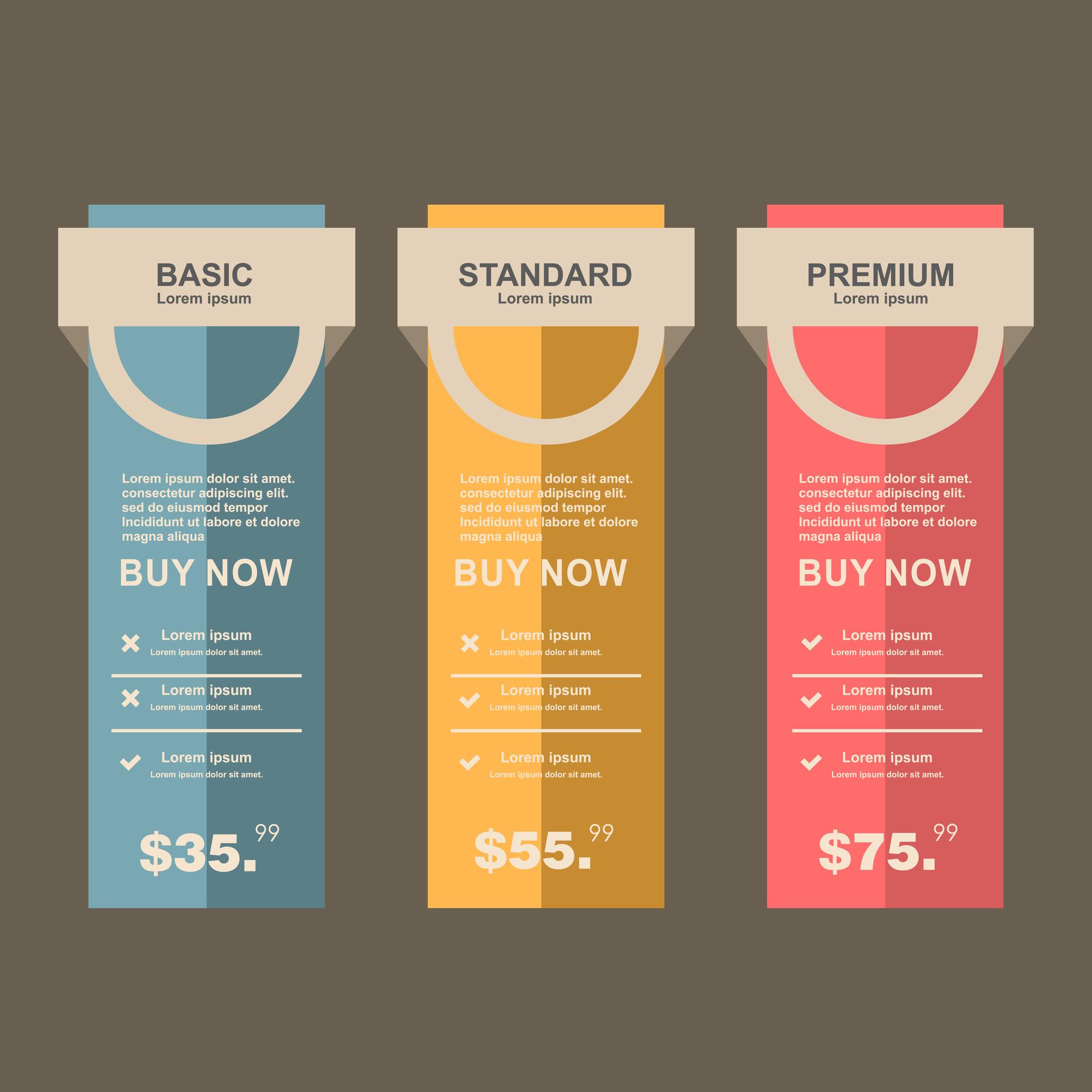 Pricing overview with packages on neutral background